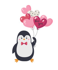 Vector illustration of a cute penguin holding a balloons for Valentine's Day