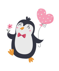 Vector illustration of a cute penguin holding a balloon for Valentine's Day