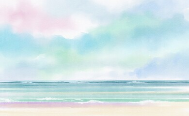 Obraz premium Background of sea, sky, beach, watercolor, hand drawn, card, summer