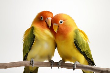 Delightful pair of agapornis fischeri lovebirds isolated against a bright white background