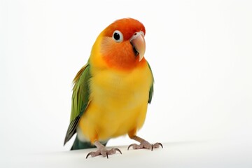 Adorable lovebirds agapornis fischeri paired and isolated on a pristine white background - obrazy, fototapety, plakaty