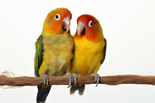 Lovebirds agapornis fischeri captured together in isolation on a clean white backdrop
