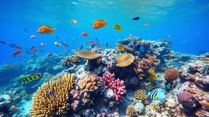 A natural coral reef is home to multicolored fish swimming.