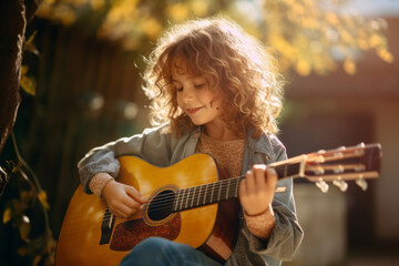 Fototapeta premium Cute little boy learning to play guitar outdoors. Child having fun with music instrument. Art education for kids.