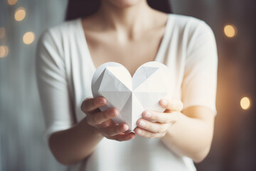 Close-up of woman hands holding paper heart on light background. Celebrating Valentine's day.