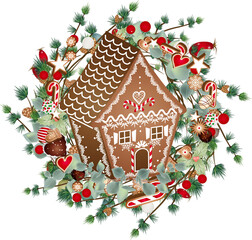 Lebkuchenhaus im Lärchenkranz für Weihnachten

