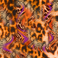 Combination textile collage pattern of wave and lines colored leopard snake tiger textures
