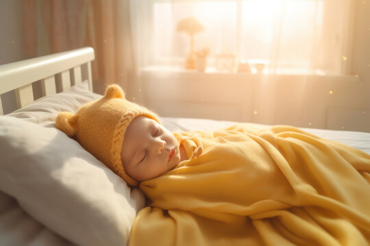 Little baby sleeping wrapped in cozy soft blankets in its bed. Newborn having a nap on sunny morning. Healthy sleep for small children.