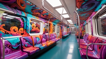 a vibrant and artistic graffiti mural on a white subway train, its energetic colors and creative...