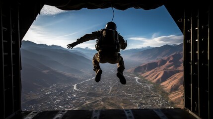 Airborne soldier with parachute on back jumps out of plane at sunrise light. Paratrooping military forces officer practices for mission. Trained man dives in open air from army airplane board - obrazy, fototapety, plakaty