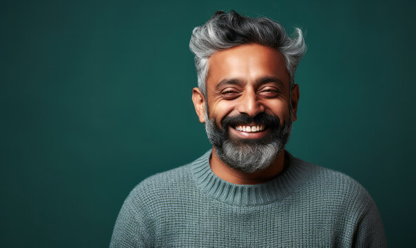 Portrait Of A Joyful Middle-aged South Asian Man With Salt And Pepper Hair, Smiling In A Grey Sweater Against A Teal Background