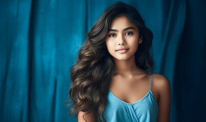Radiant young Southeast Asian girl with long hair in a blue dress against a blue textured background, embodying youthfulness and serene beauty