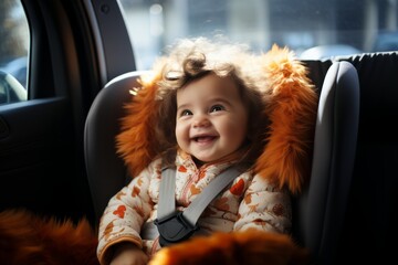 Joyful child is sitting in a car seat and wearing seat belts, safe driving, saving lives