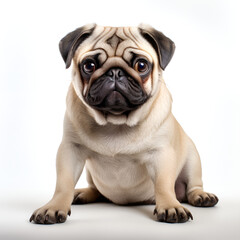 Obraz premium French Bulldog dog stands proud with its sharp snout and big eyes, Pug sitting in front of white background, cute little pug smiling in camera, Fawn pug dog laying on the ground 