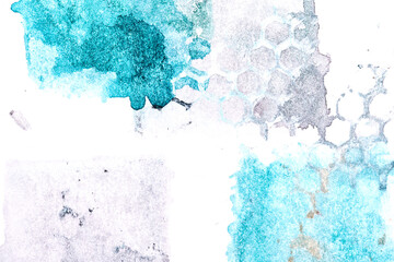 Abstract liquid art background. Blue green gray watercolor translucent blots on white paper.