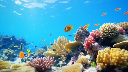 Fototapeta na wymiar An underwater reef that is idyllic features colorful fish swimming in it.