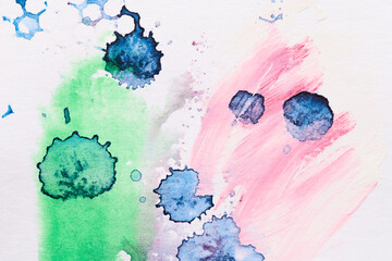 Multicolor abstract background, watercolor paint blots, lines and brush strokes on white paper, bright contrasting ink, drawing poster