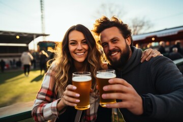 a pair of friends with amber ales at a soccer game - obrazy, fototapety, plakaty
