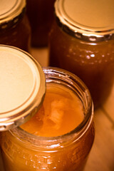 Aerial view of open honey jar close up no.2
