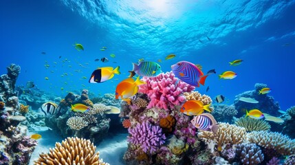 Coral is surrounded by colorful reef fish swimming below it
