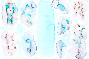 Abstract liquid art background. Blue watercolor translucent blots on white paper.