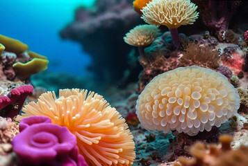 Beautiful underwater scenery with various types of fish and coral reefs , aquarium salt water