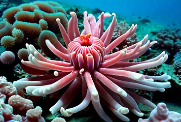 Naklejka na ściany i meble Beautiful underwater scenery with various types of fish and coral reefs , aquarium salt water