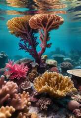 Beautiful underwater scenery with various types of fish and coral reefs , aquarium salt water