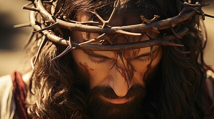 Jesus experiences pain while wearing crown of thorns. Jesus led to suffering through scourging with...