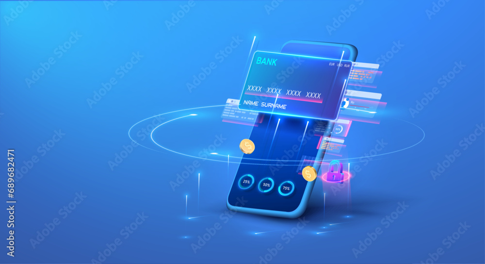 Poster Futuristic Digital Banking Interface with Credit Cards and Secure Transactions. Online banking, login, protection, The concept of a smart wallet an application for payment by credit and debit card.