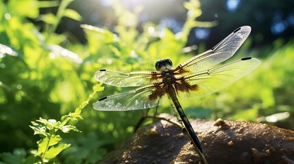 A dragonfly is positioned on a green plant in sunlight.
