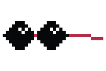 Obraz premium Pixel glasses meme. Like a boss meme. Pixelation, accessory optical fashion. 8 bit funky logo icon. Vector cartoon eyeglass frame for sunglasses