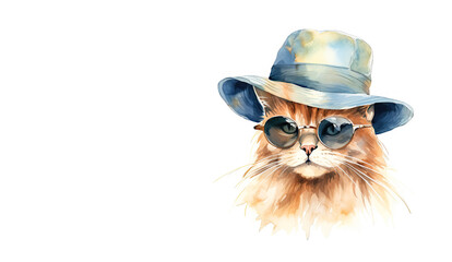 Watercolor Cat wearing Sunglass and Hat isolated on White Background with copy space