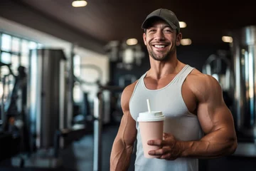 Gordijnen fitness trainer enjoying a protein coffee shake post workout © Sergey