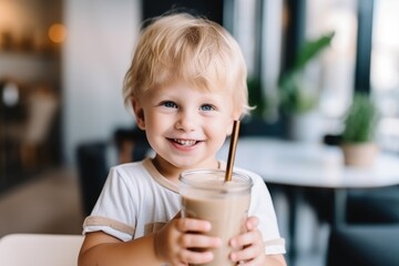 cheerful child sipping coffee shake in a glass with a straw