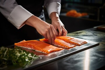 cook skillfully slices smoked salmon for dish preparation