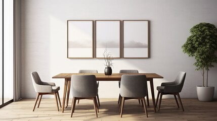 Mockup of posters or framed paintings in a dining room with a wooden table and chairs
