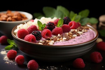 A plate for a berry smoothie with granola and fresh raspberries and blackberries, crushed nuts