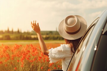 Summertime, summer fun, enjoying, relaxing, tourism, travel, leisure time, vacation mode, happiness concept. Woman enjoying summer vacation. Hands holding hat out of car window. generative ai.