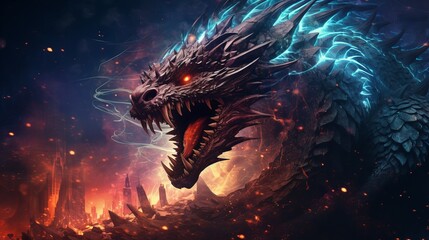 Fire is exploding from a massive dragon during a dark night.