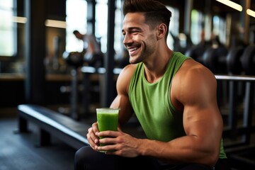 fitness enthusiast with green juice on bench