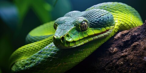 Fototapeta premium Green venomous snake on the tree