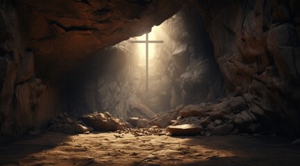Cross inside a cave, sun rays, concept of Christianity and Easter holiday. Generative AI - obrazy, fototapety, plakaty