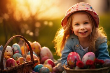 Fototapeta na wymiar Landscape with child with basket of Easter eggs, Easter egg hunt. Generative AI