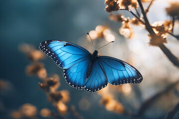 Blue butterfly. A butterfly sits on flowers. Soft focus. AI generated.