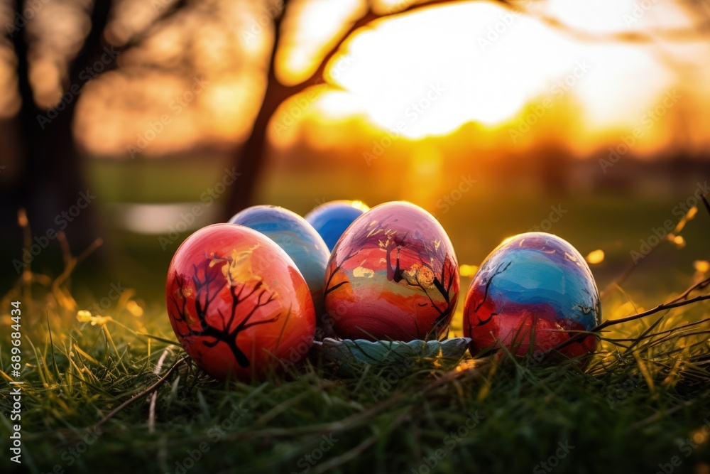 Wall mural Landscape with easter eggs in the grass, sunset in the background, concept of easter holiday and culture. Generative AI