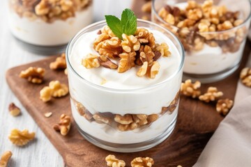 top view of a greek yogurt parfait garnished with walnuts - obrazy, fototapety, plakaty