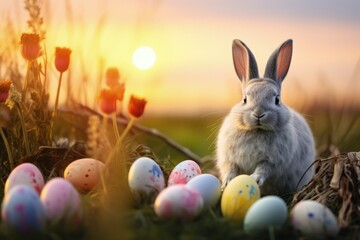 Rabbit, easter eggs on grass, sunset in the background, easter holiday and culture concept. Generative AI