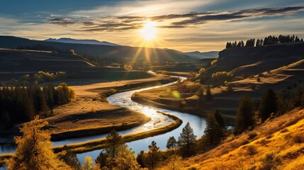 A golden autumn scene featuring a river flowing through a valley covered in yellow grass and trees....