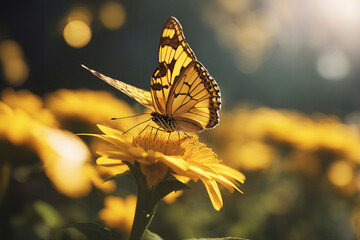 Yellow butterfly. Butterfly on yellow field flowers. Selective focus. AI generated